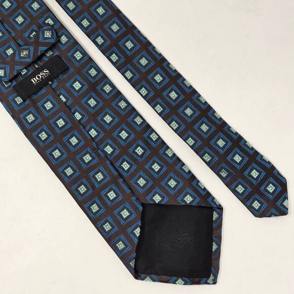 BOSS HUGO BOSS SILK TIE BROWN BLUE SQUARES GEOMETRIC SATIN 3.5" X 61" LONG - Picture 2 of 3